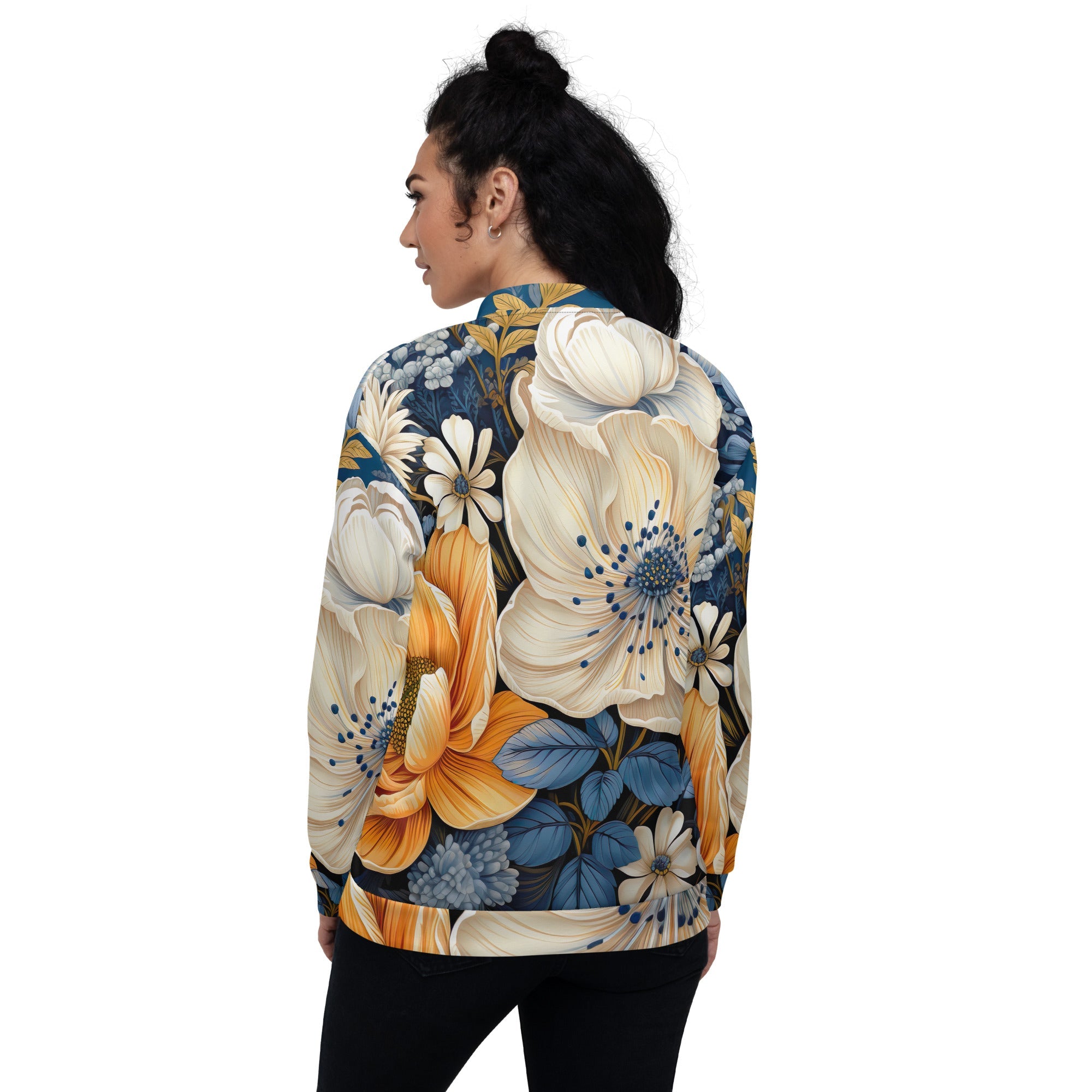 Womens Bomber Jacket - Floral Blue Print