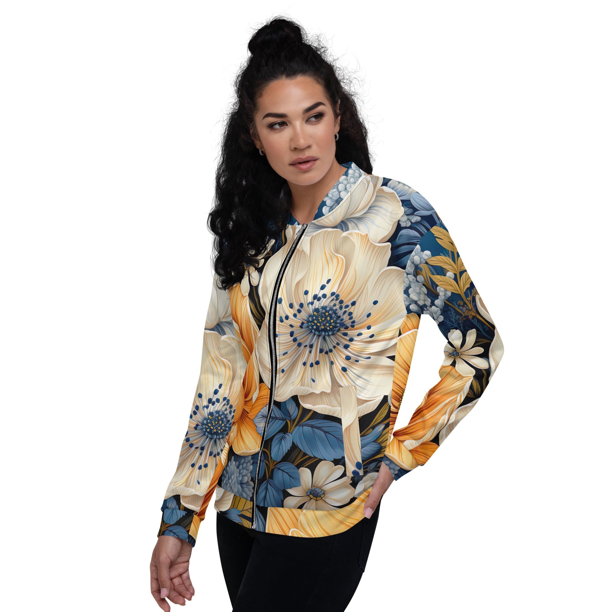Womens Bomber Jacket - Floral Blue Print