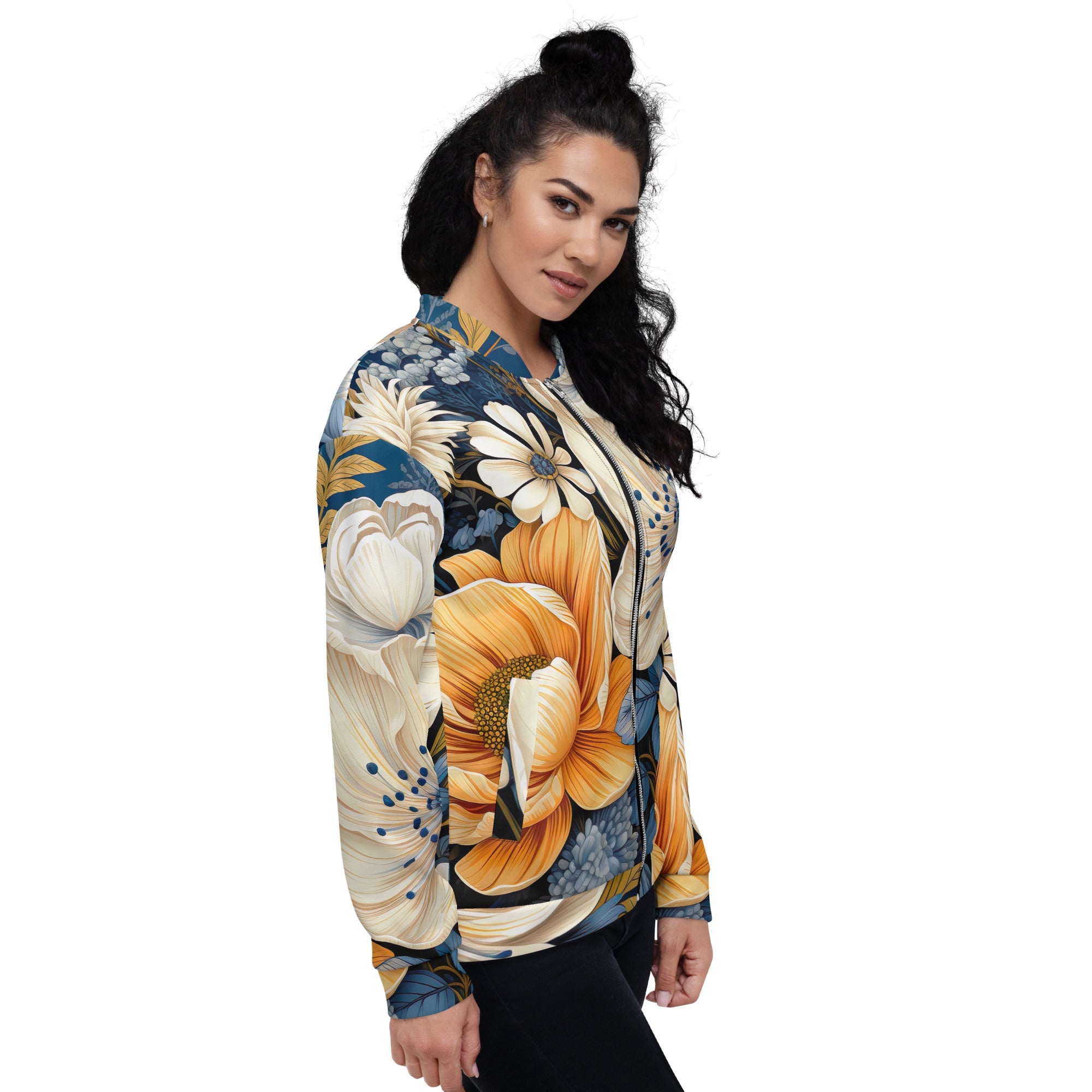Womens Bomber Jacket - Floral Blue Print