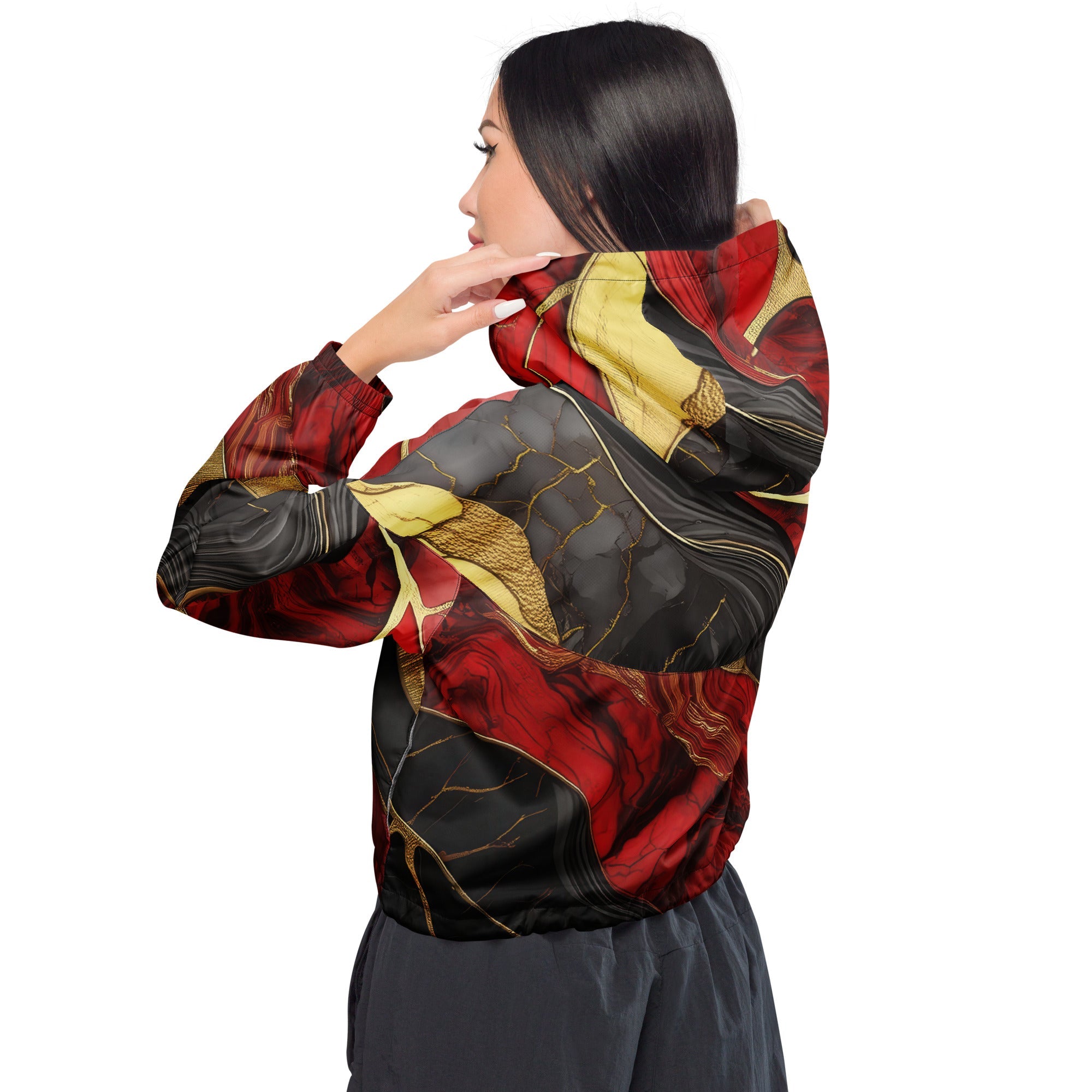 Womens Cropped Windbreaker Jacket - Bold Red Gold Tones Print
