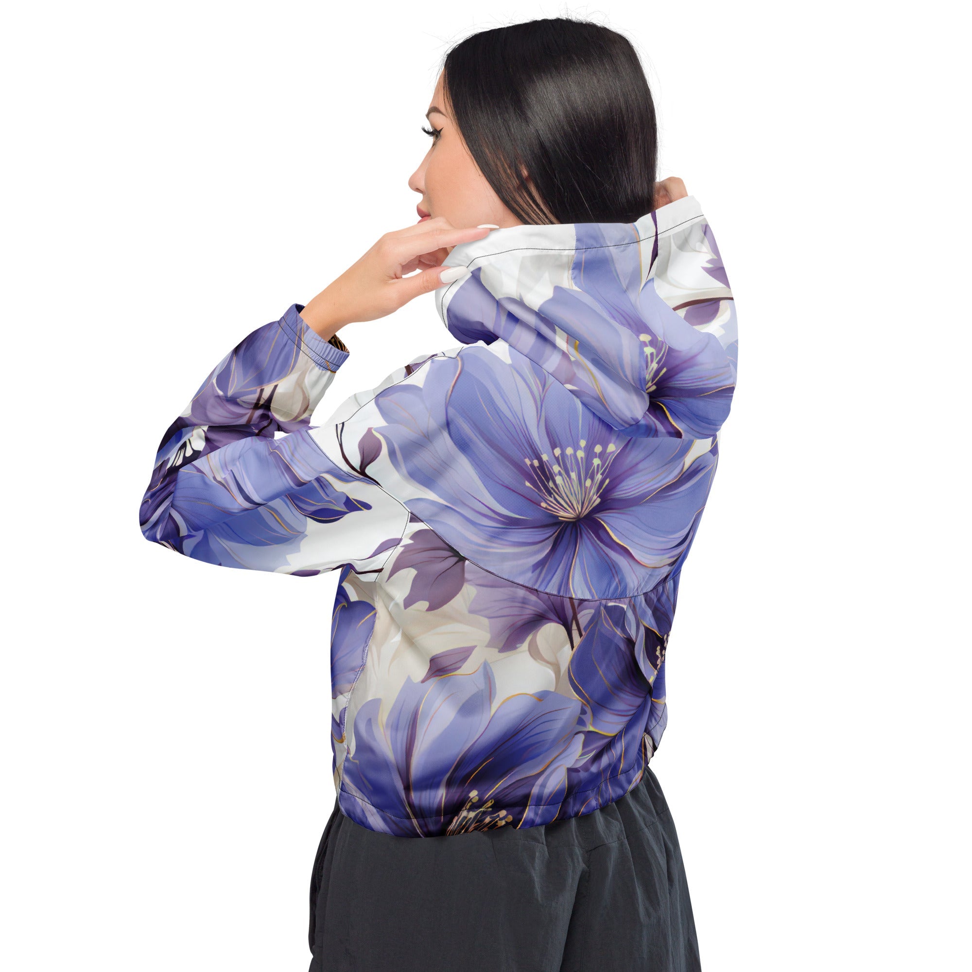 Womens Cropped Windbreaker Jacket - Purple Botanical Blooms