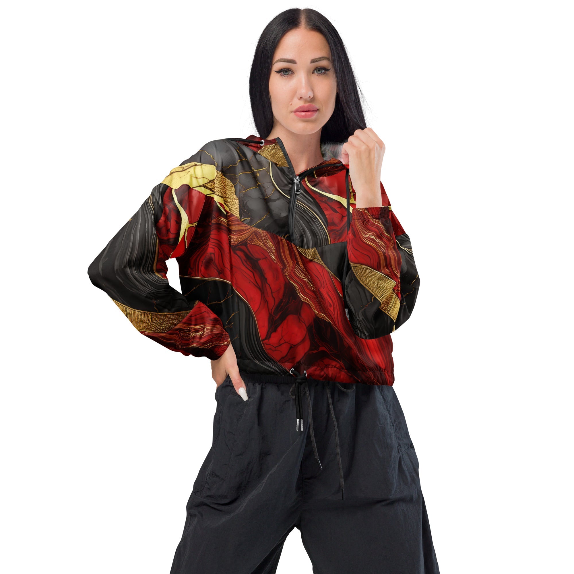 Womens Cropped Windbreaker Jacket - Bold Red Gold Tones Print