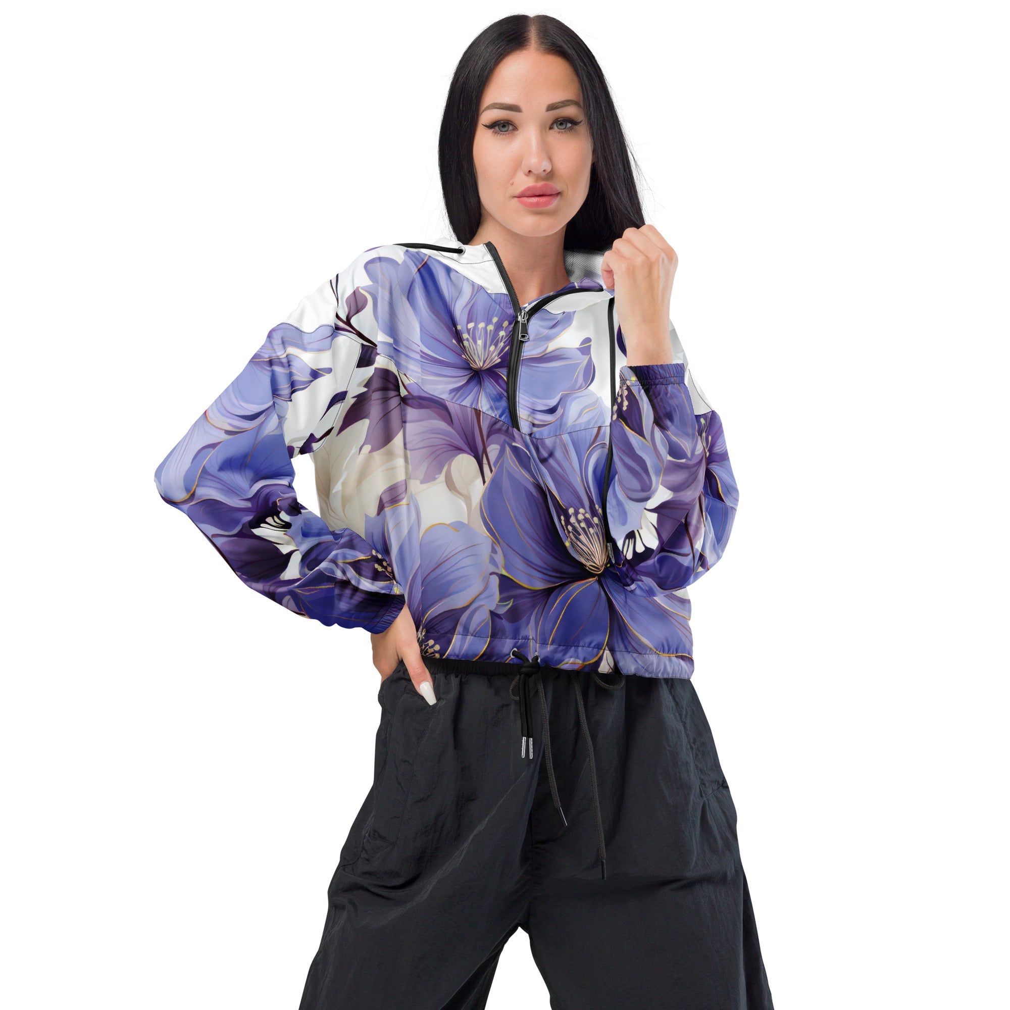 Womens Cropped Windbreaker Jacket - Purple Botanical Blooms