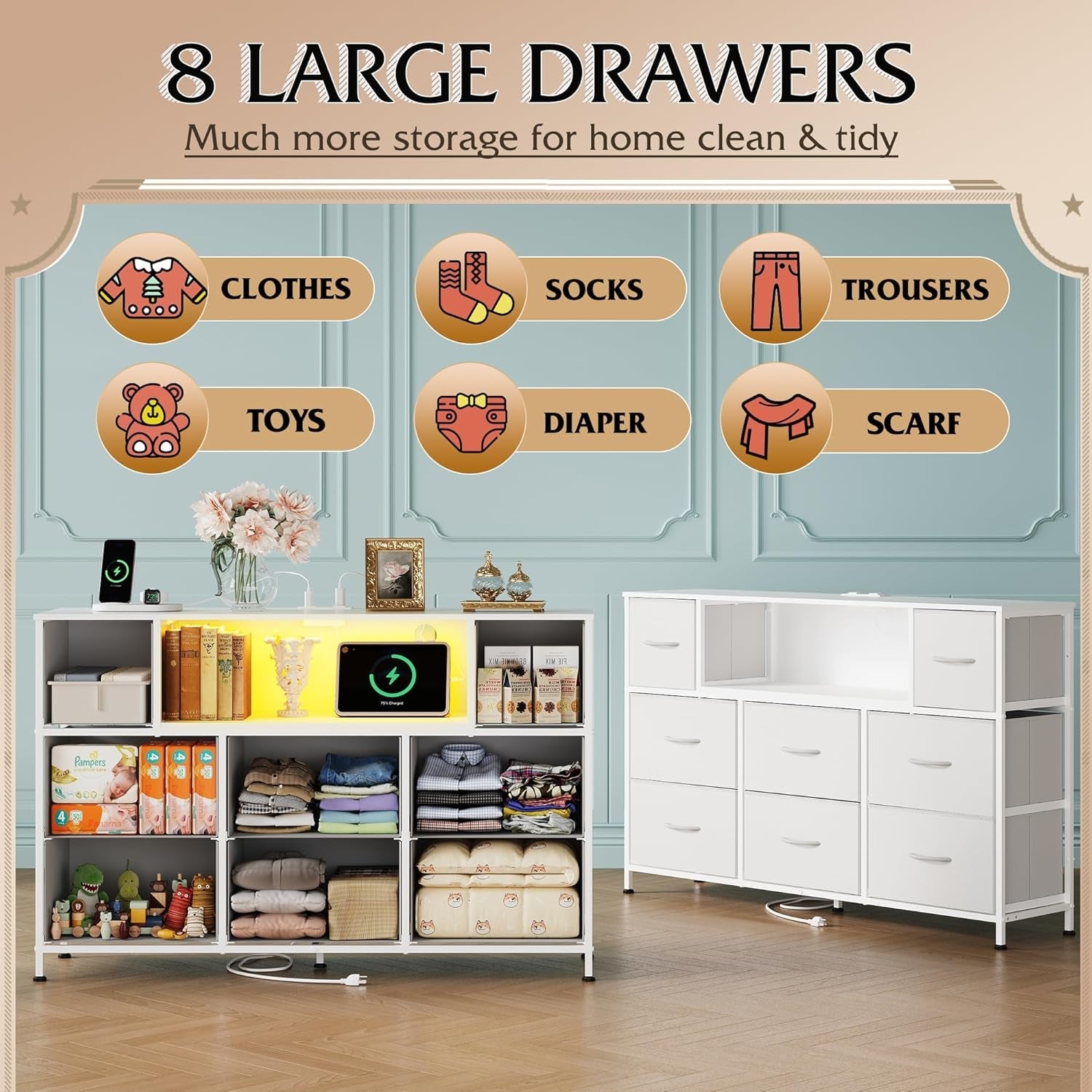 White Dresser for Bedroom, TV Stand for Bedroom for 55 Inch TV with