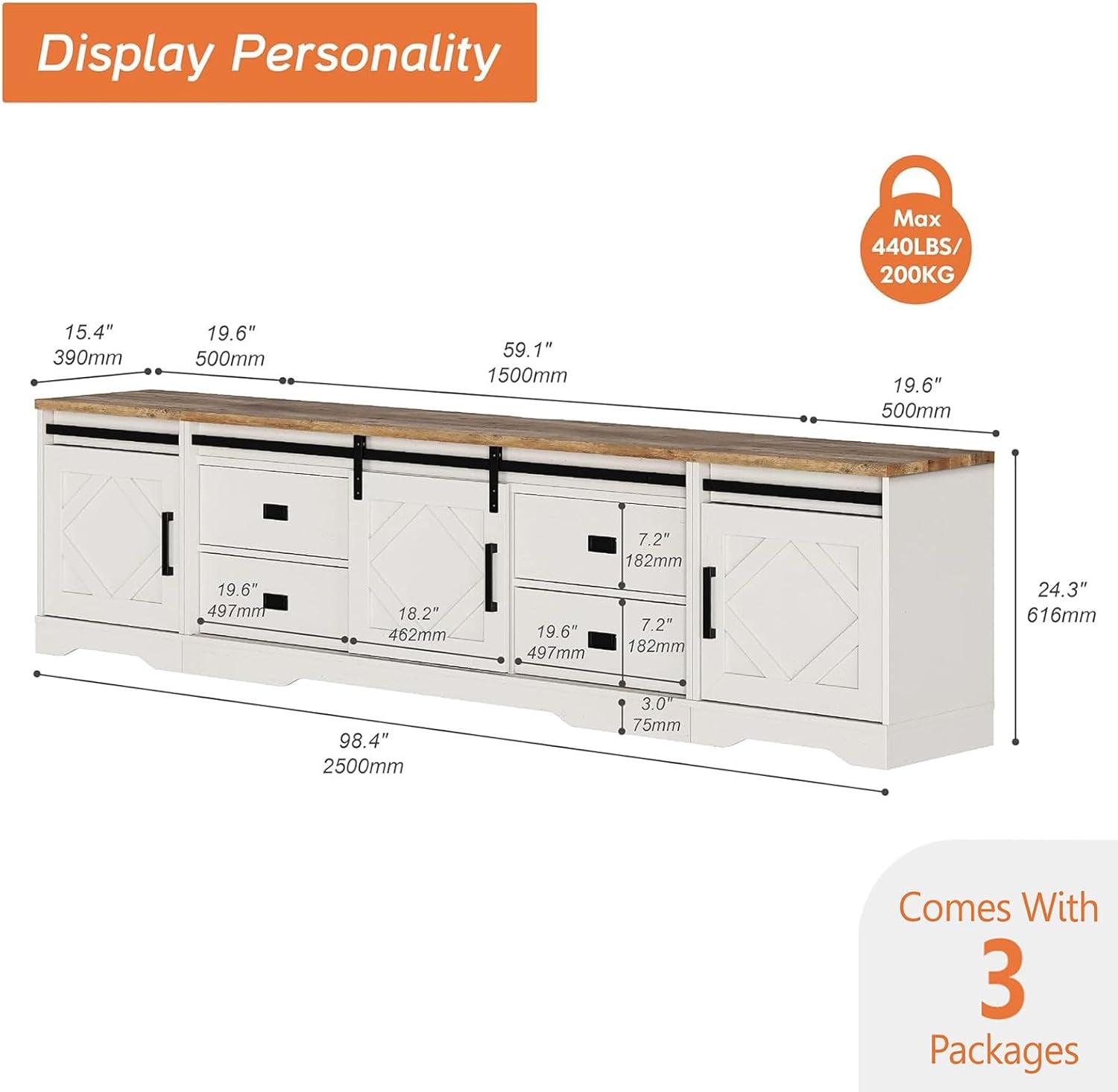 98.4" Wide TV Stand for Tvs up to 110",Faux Bark Finish Wood