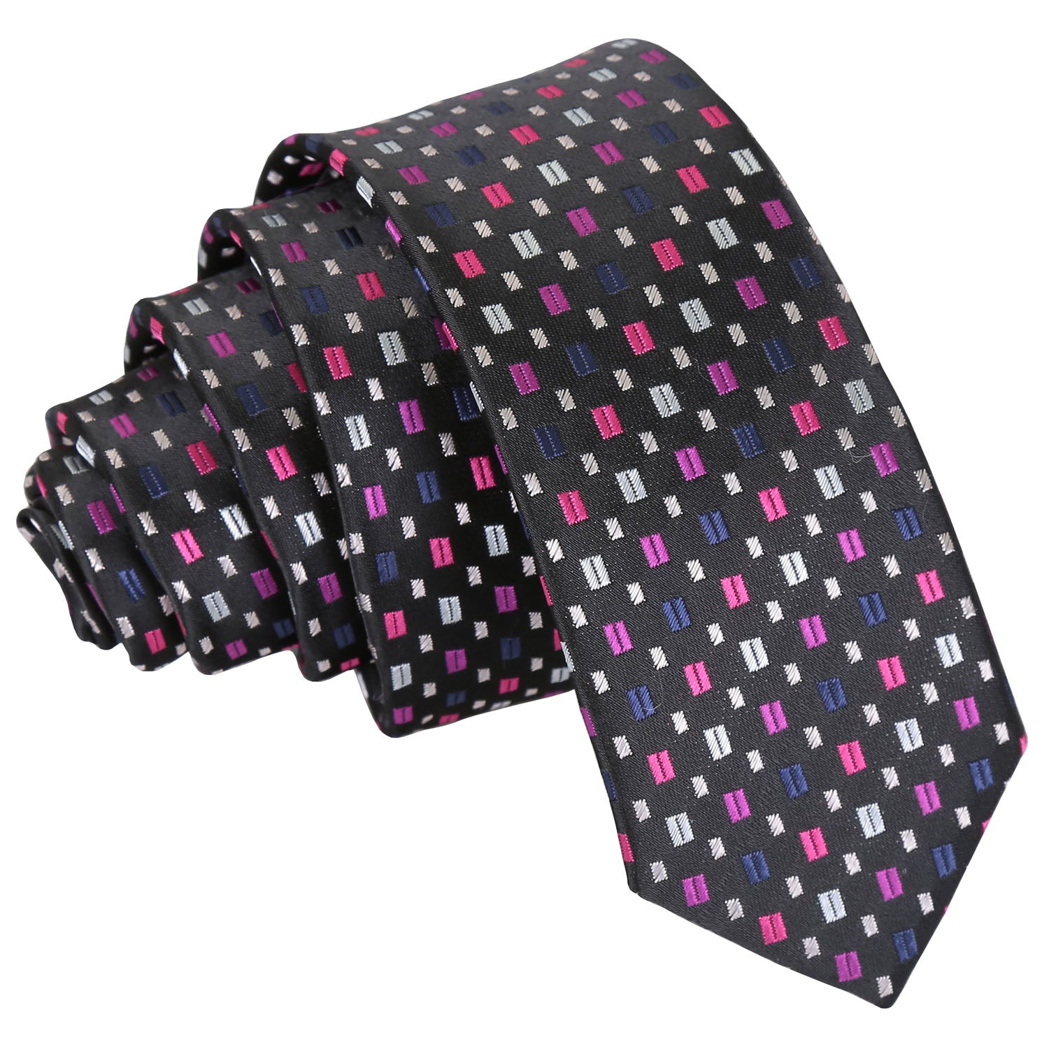 Bohemian Geometric Skinny Tie - Black with Pink and Silver