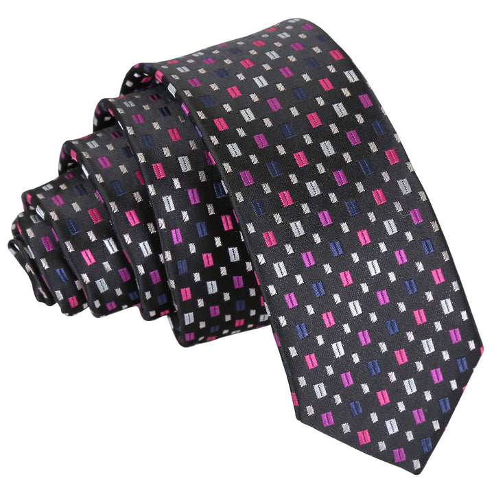 Bohemian Geometric Skinny Tie - Black with Pink and Silver