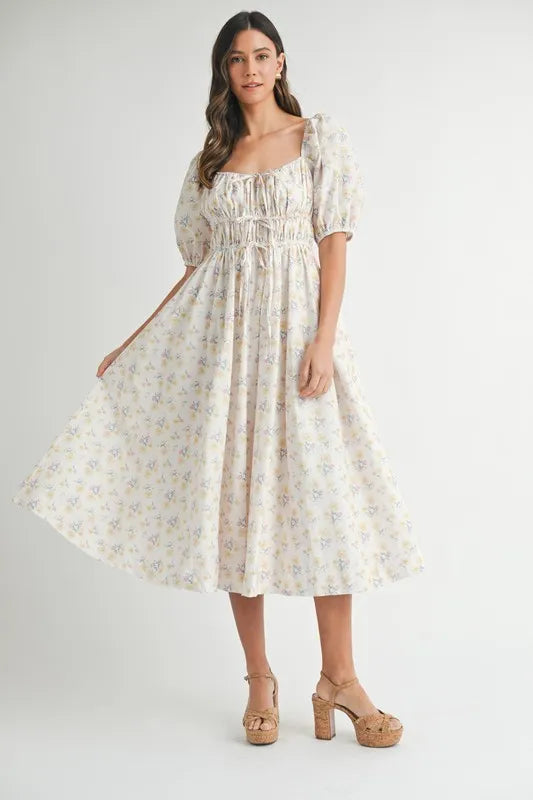MABLE Floral Drawstring Detail Puff Sleeve Midi Dress