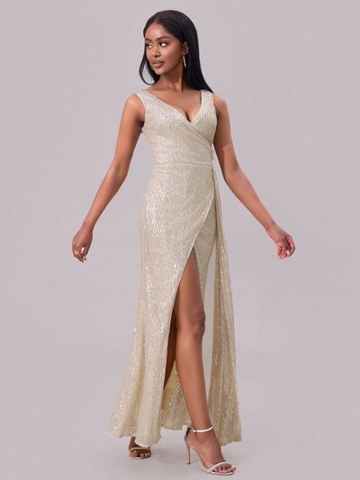 Out of State - Slit Sequin Surplice Sleeveless Maxi Dress