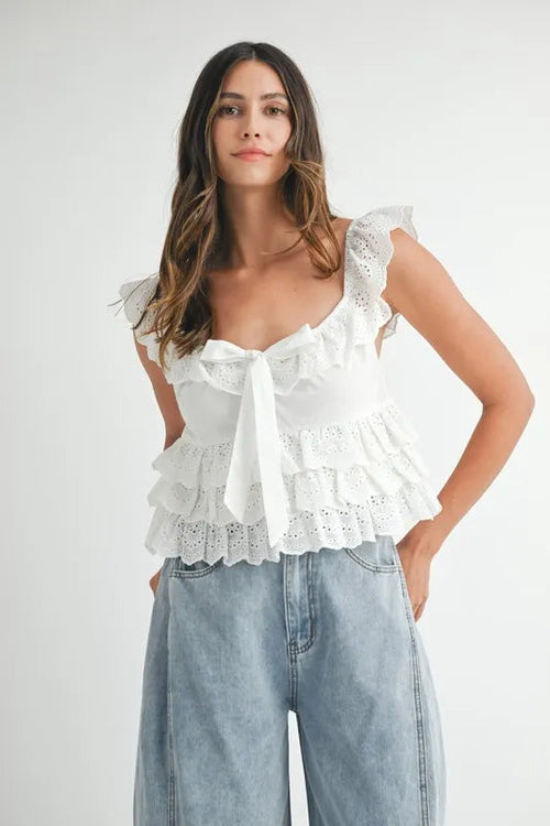 MABLE Eyelet Embroidered Front Tie Ruffle Top