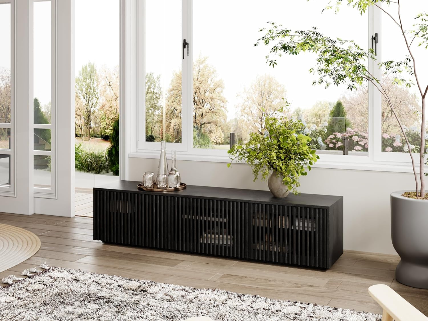 Modern Solid Wood TV Stand, Black Entertainment Center for 65 Inch TV,