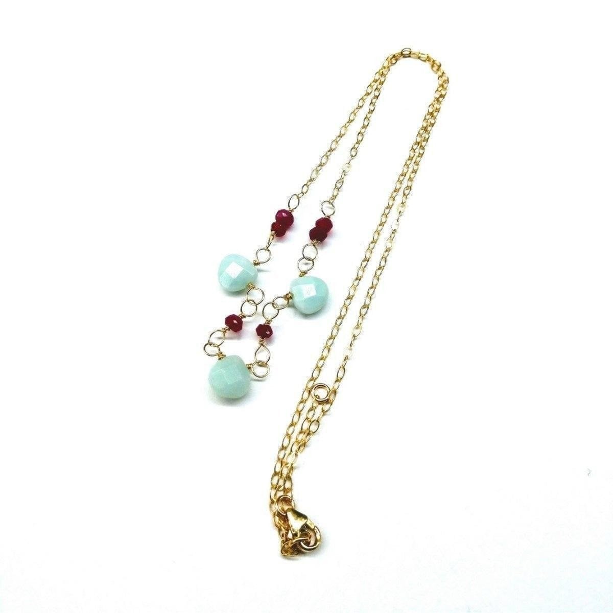 Dainty Gold Chain Mint and Hot Pink Gemstone Necklace