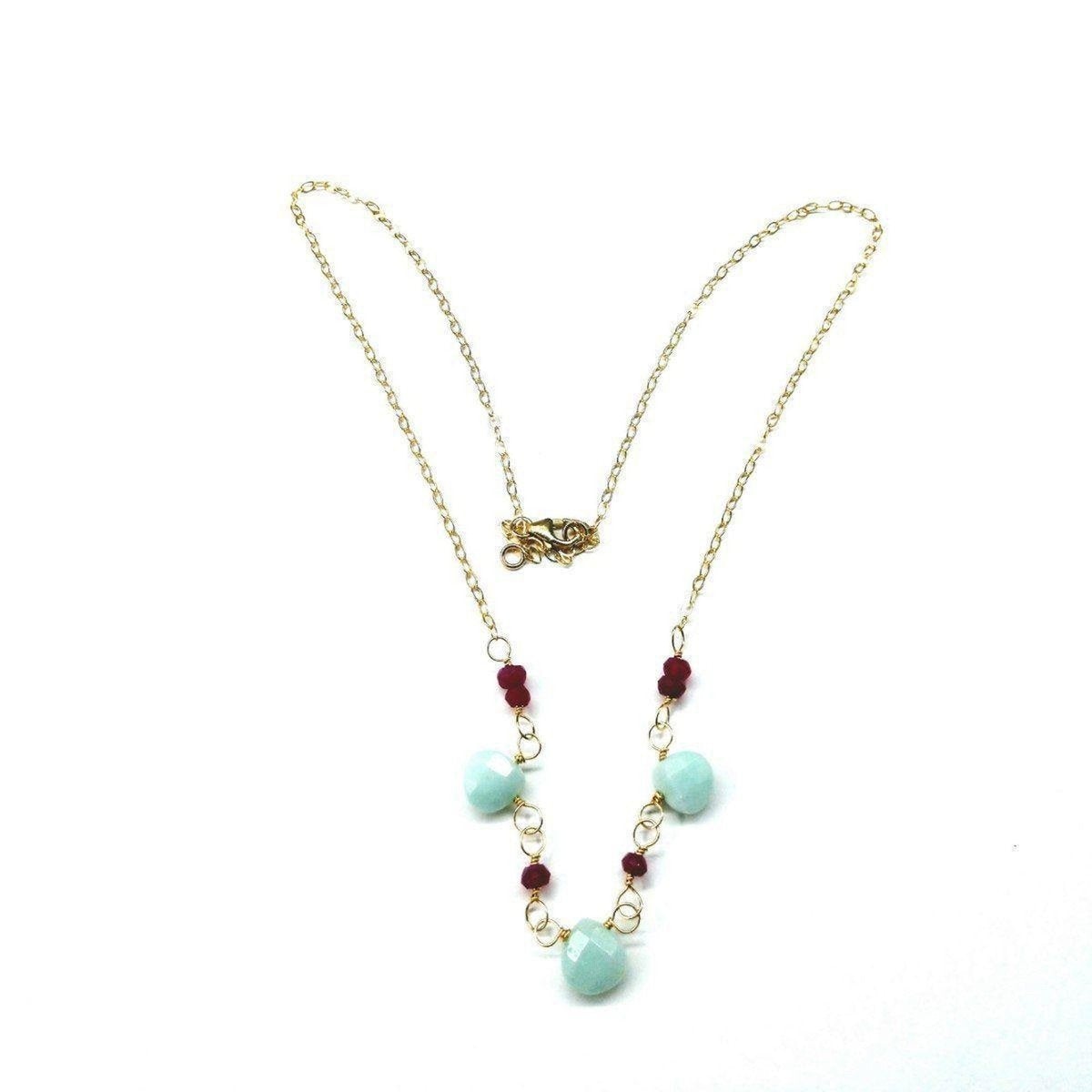 Dainty Gold Chain Mint and Hot Pink Gemstone Necklace