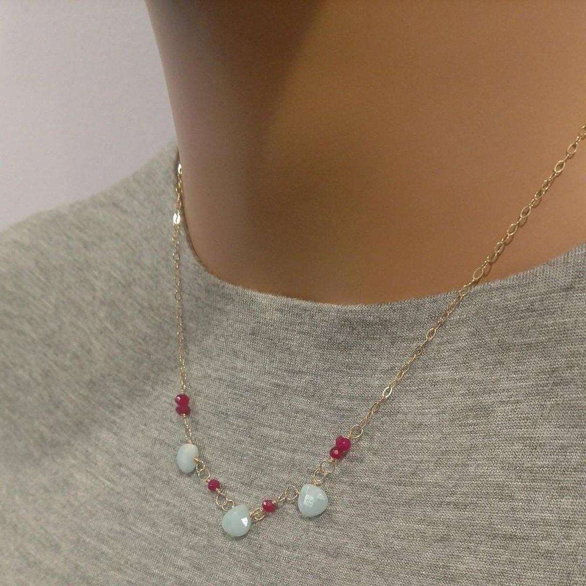 Dainty Gold Chain Mint and Hot Pink Gemstone Necklace