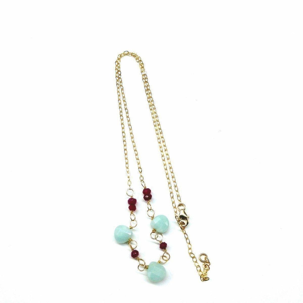 Dainty Gold Chain Mint and Hot Pink Gemstone Necklace