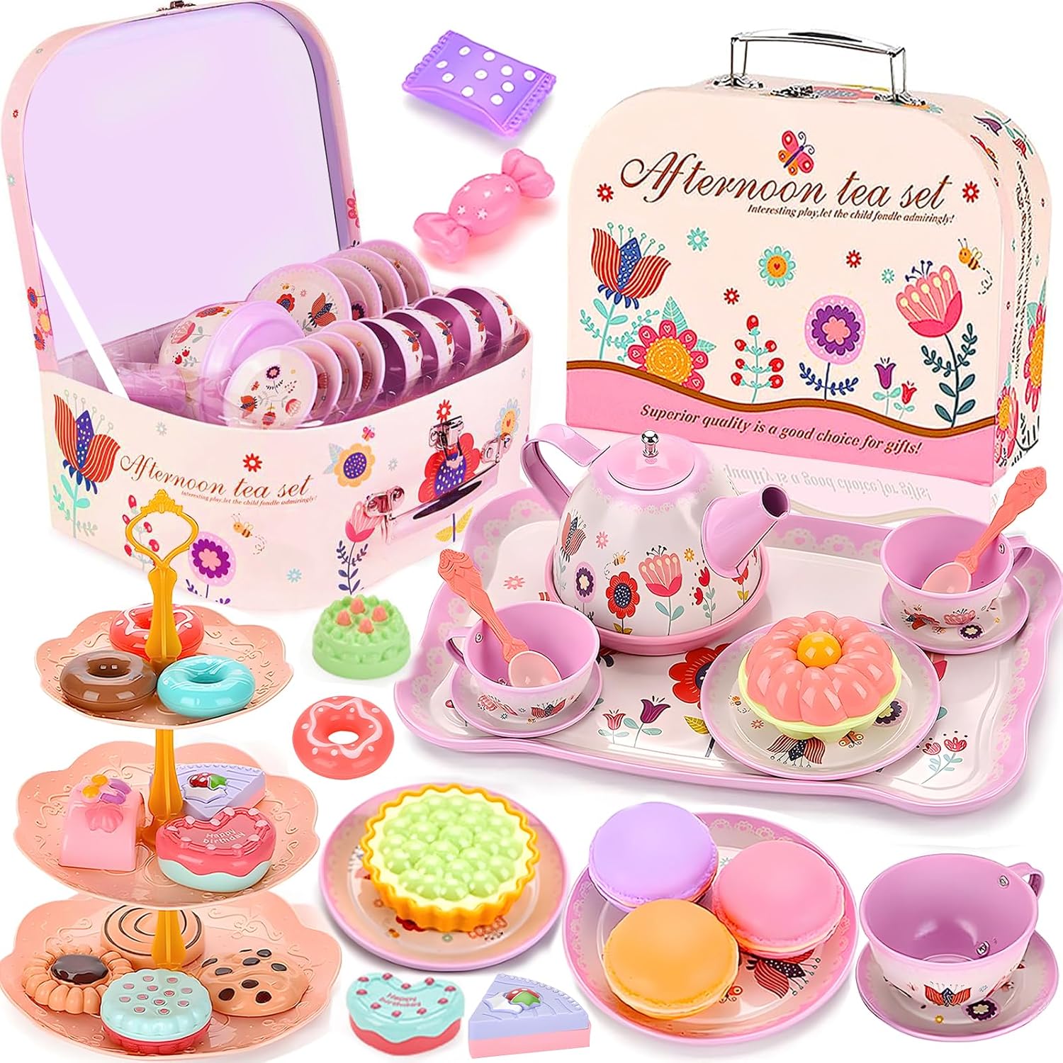 Tea Set Kids, 46 Pieces Dolls Tableware Children's Kitchen Accessories