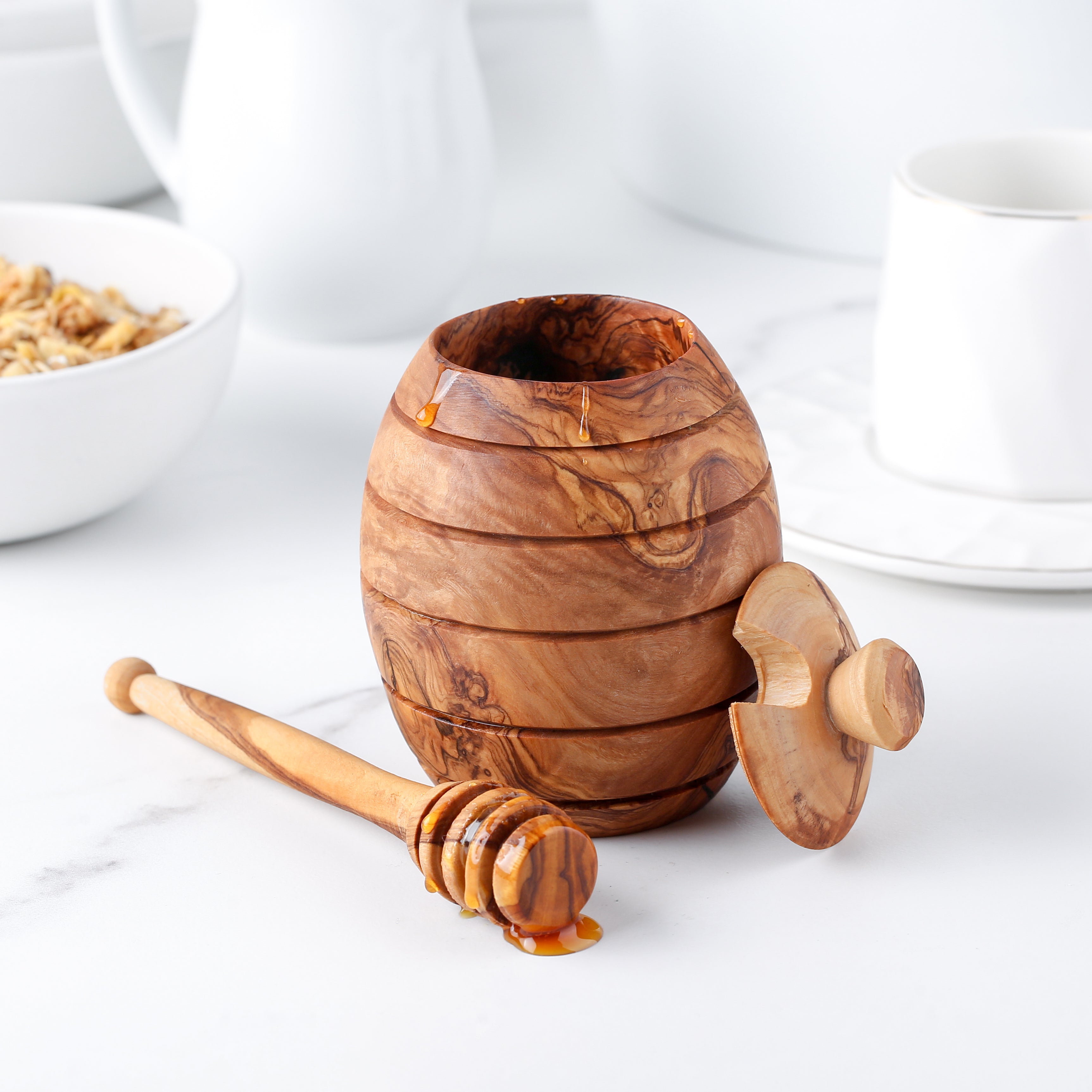Rustic Olive Wood Honey Jar & Dipper – Hand-Carved