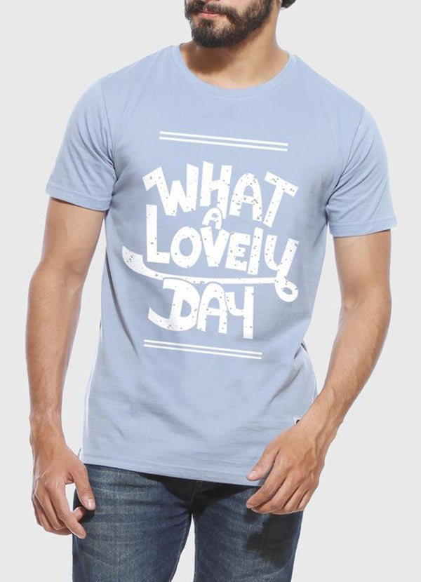 Men's Yale blue t-shirt with "What a Lovely Day" design, soft 100% cotton.