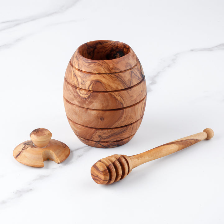 Rustic Olive Wood Honey Jar & Dipper – Hand-Carved
