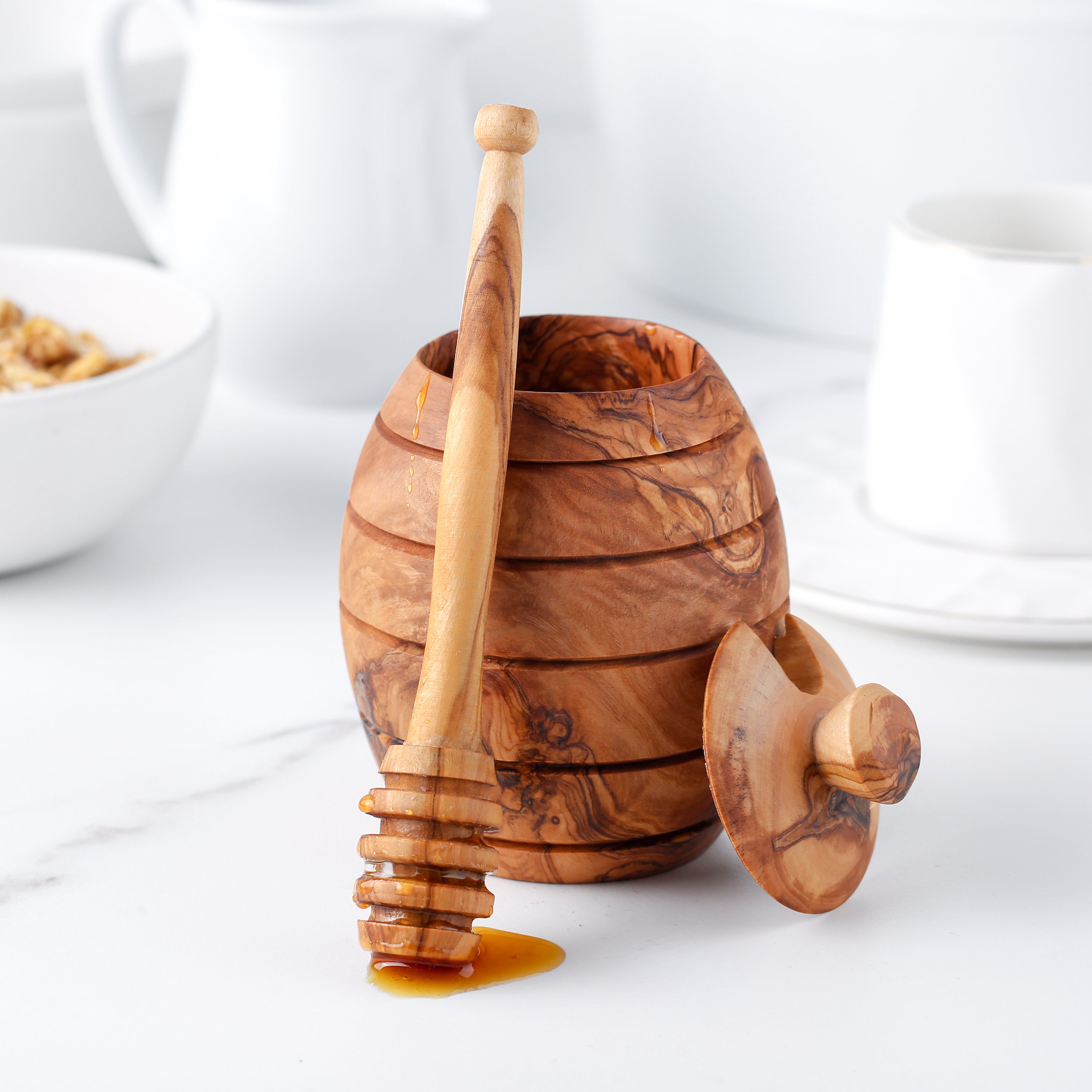 Rustic Olive Wood Honey Jar & Dipper – Hand-Carved