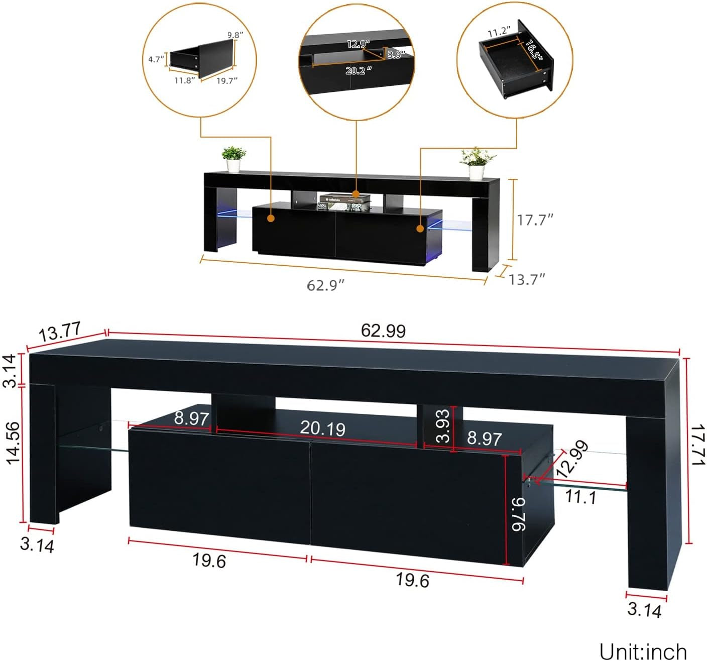 Black TV Stand, 60 65 70 75 Inch Wood TV Stand, High Glossy