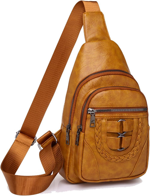 Women Multi-Pocket Vegan Vintage Leather Braided Crossbody Backpack