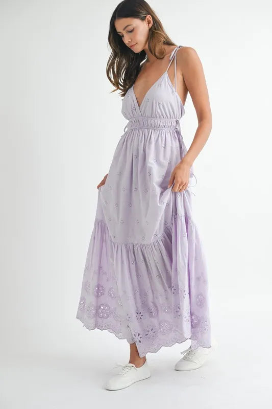MABLE Eyelet Lace Maxi Dress With Side Strap Details