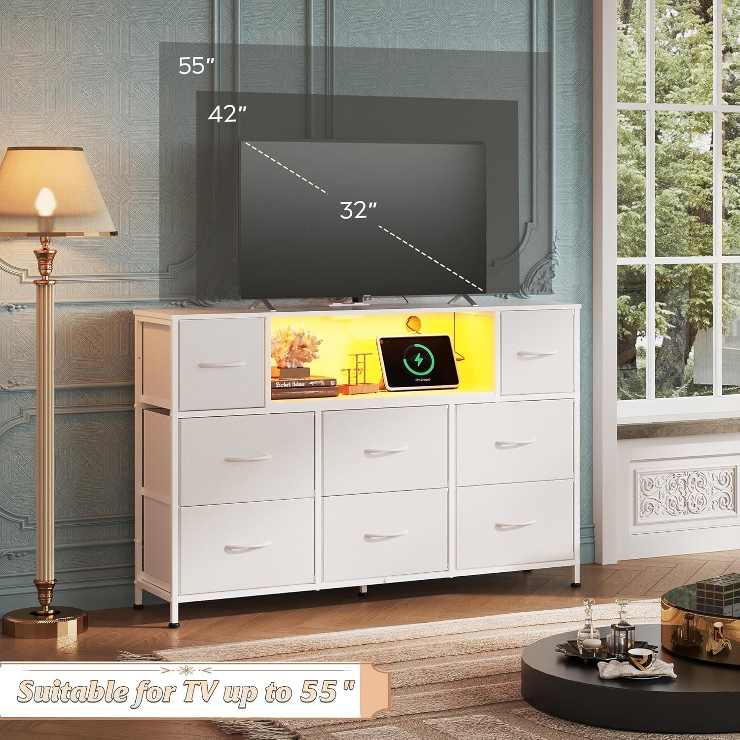 White Dresser for Bedroom, TV Stand for Bedroom for 55 Inch TV with