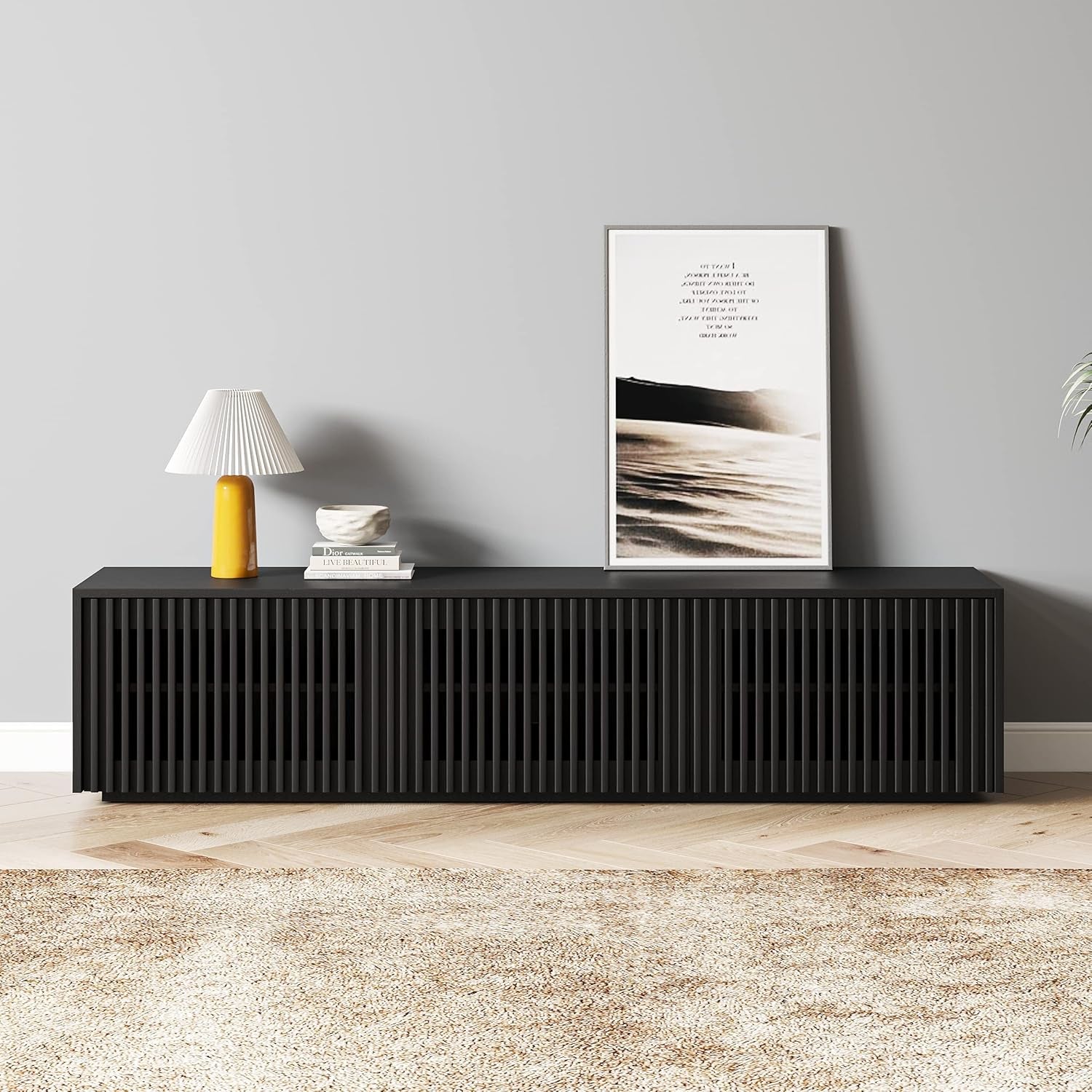 Modern Solid Wood TV Stand, Black Entertainment Center for 65 Inch TV,