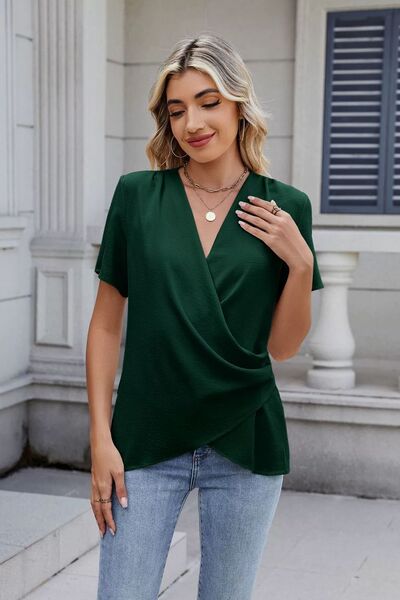 Out of State - Solid Color Surplice Short Sleeve Blouse