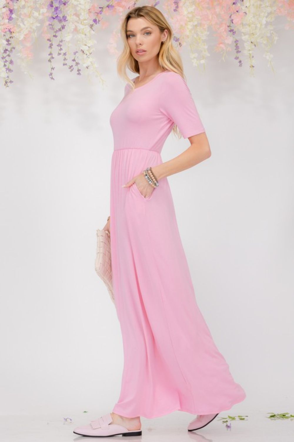 Celeste Plus Size Round Neck Short Sleeve Maxi Dress with Pockets