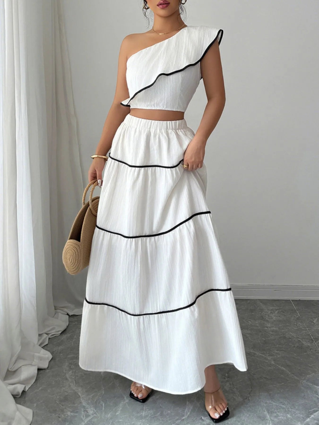 One-Shoulder Ruffle Top and Skirt Two-Piece Set
