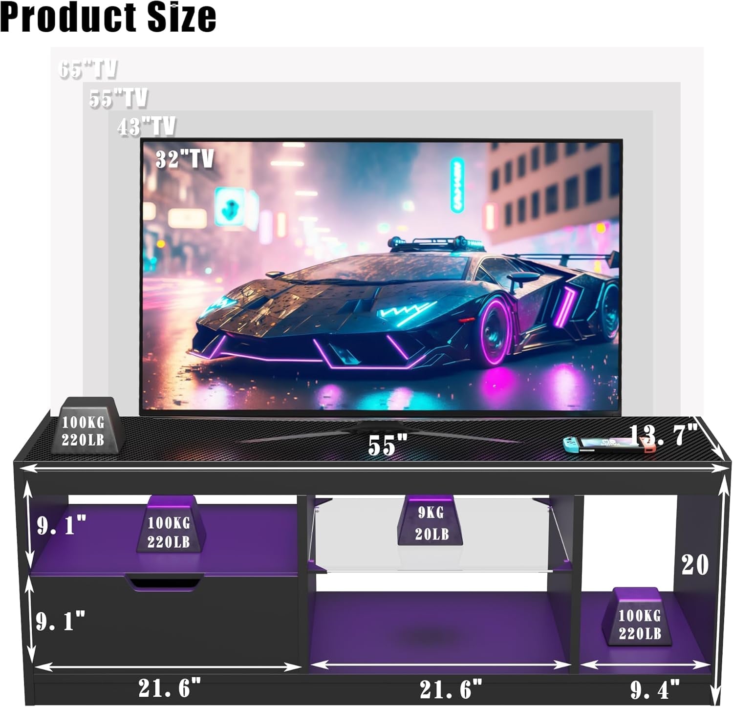 TV Stand, Entertainment Center LED Gaming TV Stand for 65+ Inch TV