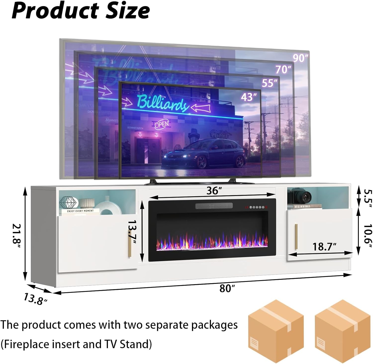 Fireplace TV Stand with 36" Fireplace，80" TV Stand with LED Light for