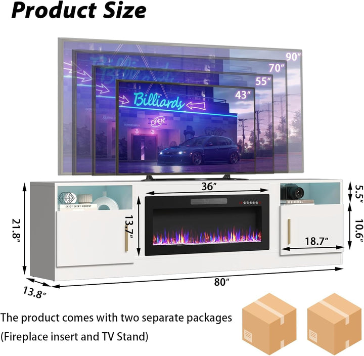 Fireplace TV Stand with 36" Fireplace，80" TV Stand with LED Light for