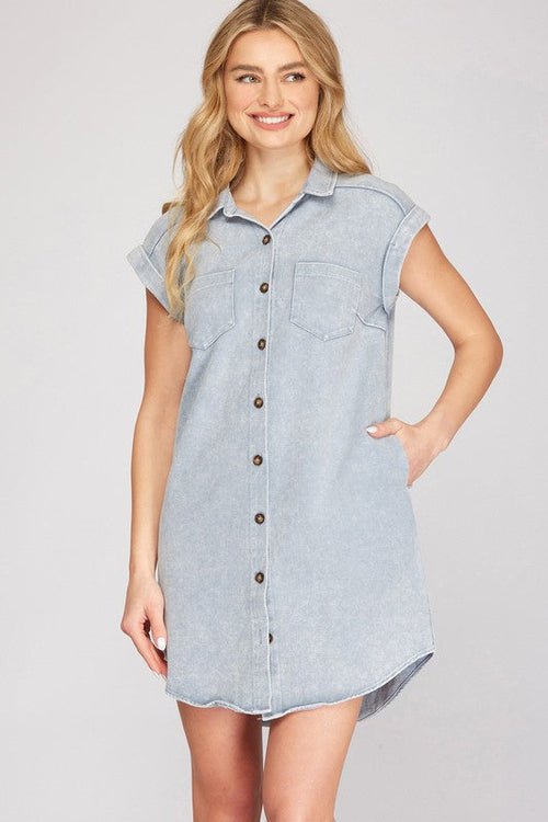 She + Sky Full Size Folded Cuff Button Down Washed Twill Shirt Dress