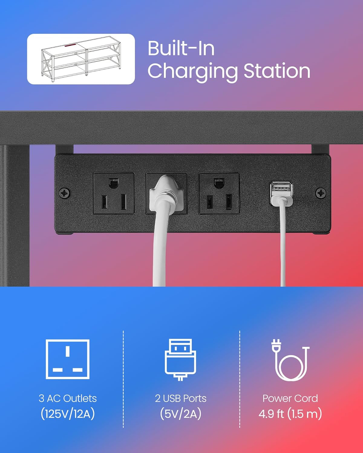 TV Stand with Power Outlets and LED Lights, for Tvs up to 65 Inches,