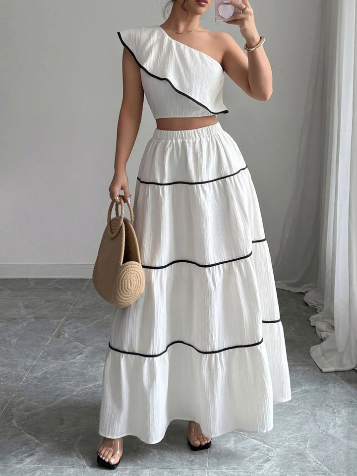 One-Shoulder Ruffle Top and Skirt Two-Piece Set