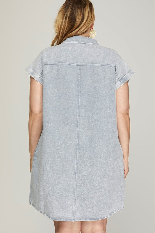 She + Sky Full Size Folded Cuff Button Down Washed Twill Shirt Dress