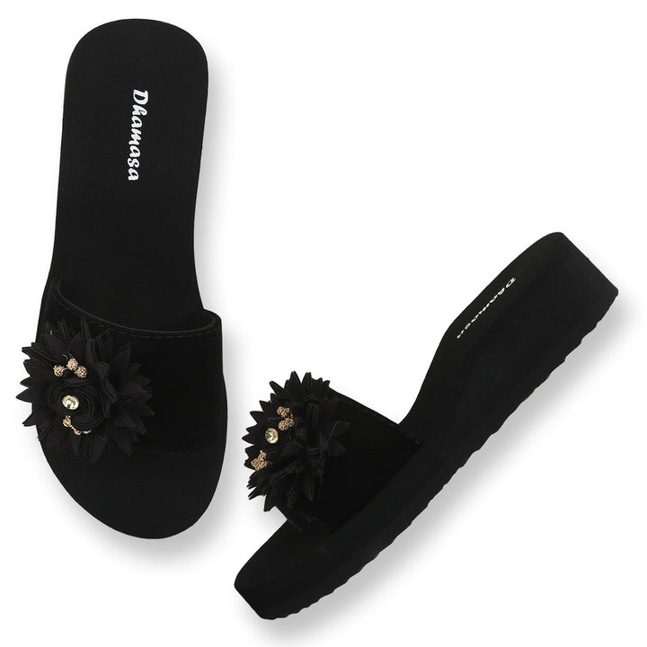 Flower Fashion Flipflop Slipper for Women and Girls, Black (SIZE 6K)