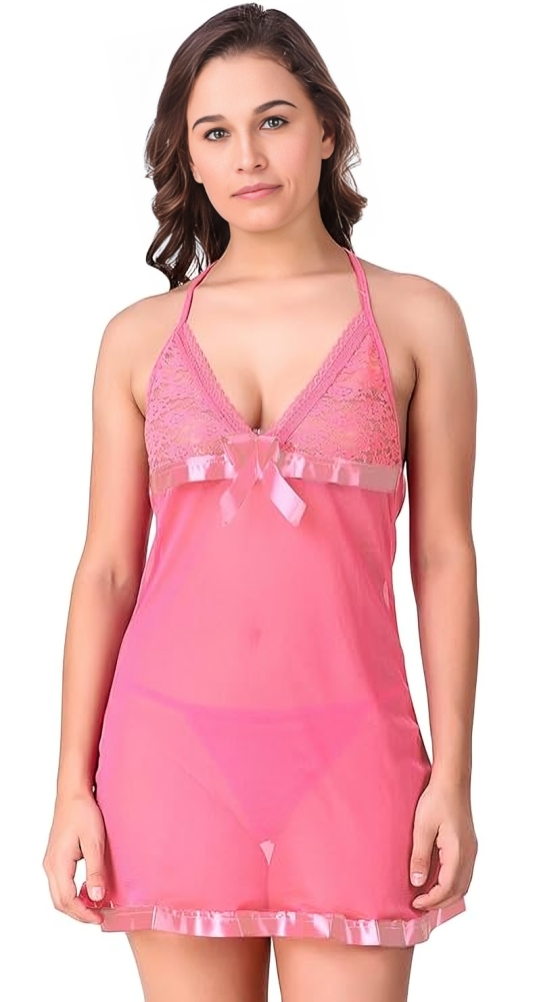Women Babydoll Lingerie with Panty/g-String | Pink |Size-32A