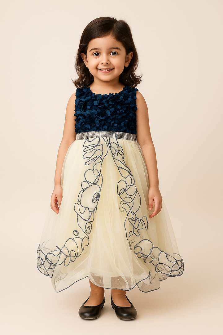 Stylish Navy Blue & Cream Party Frock for Girls – 3D Floral Bodice