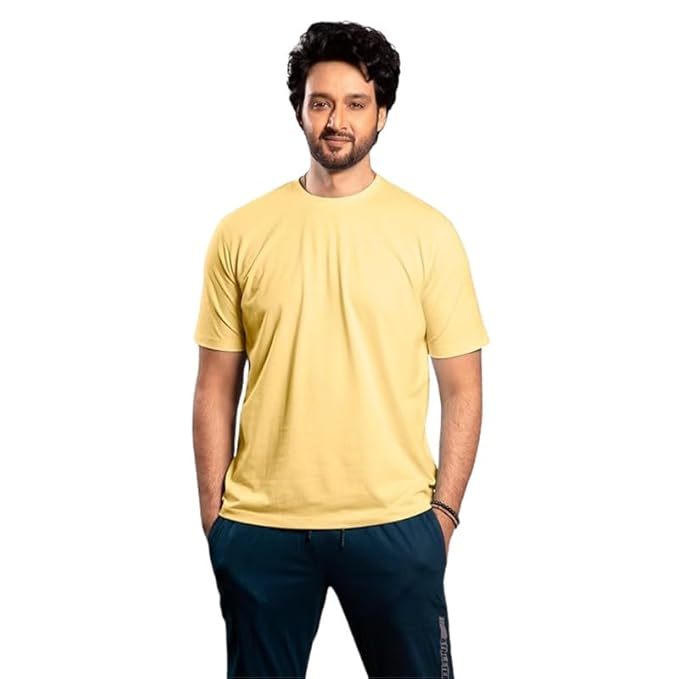 MYRISS Men's "Plain" 100% Cotton Regular  T-Shirt(Yellow,Size-L)