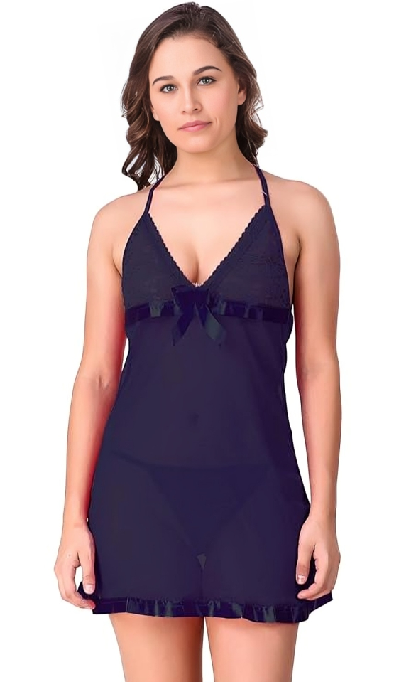 Women Babydoll Lingerie with Panty/g-String | Navy |Size-32A