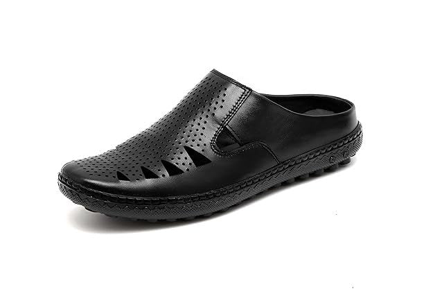 Men's Genuine Leather Back Open Half Sandals (Size-UK-6 (Color-BLACK)
