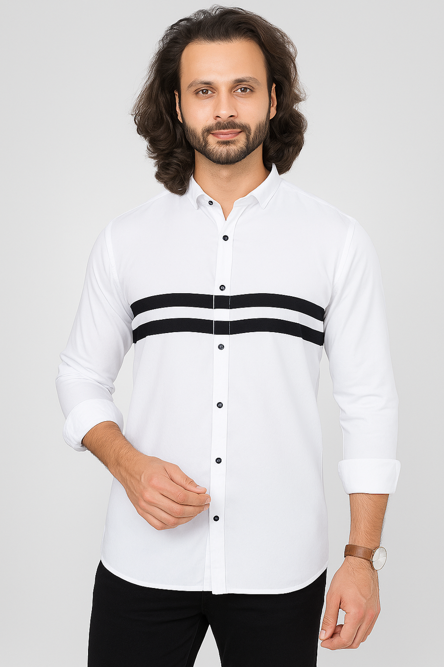 Men's White Cotton Blend Shirt with Black Double Stripe – Stylish Slim