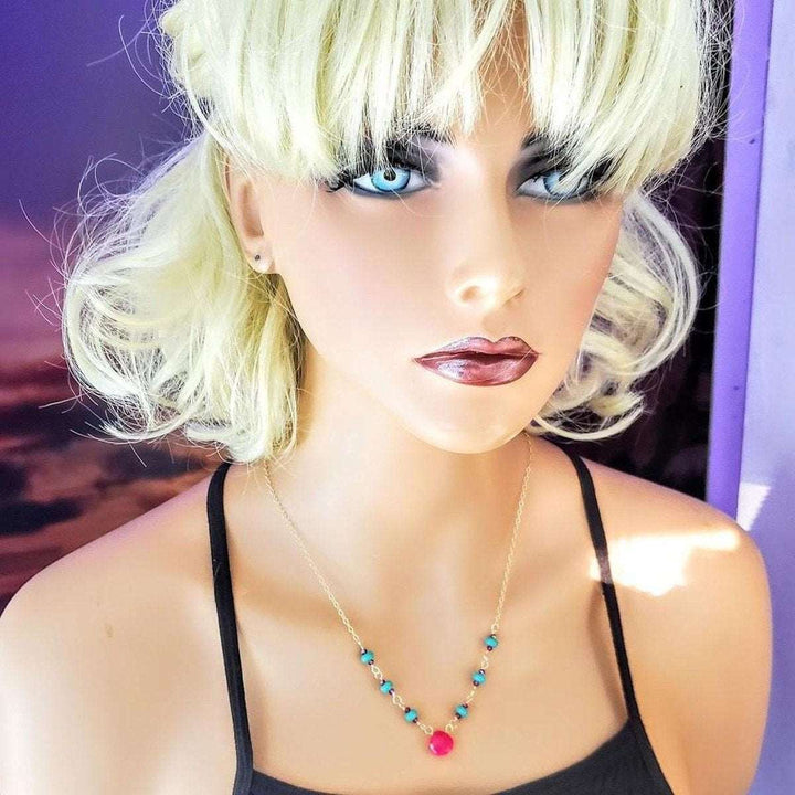 Gold Filled Pink Chalcedony Turquoise Gemstone Drop Necklace