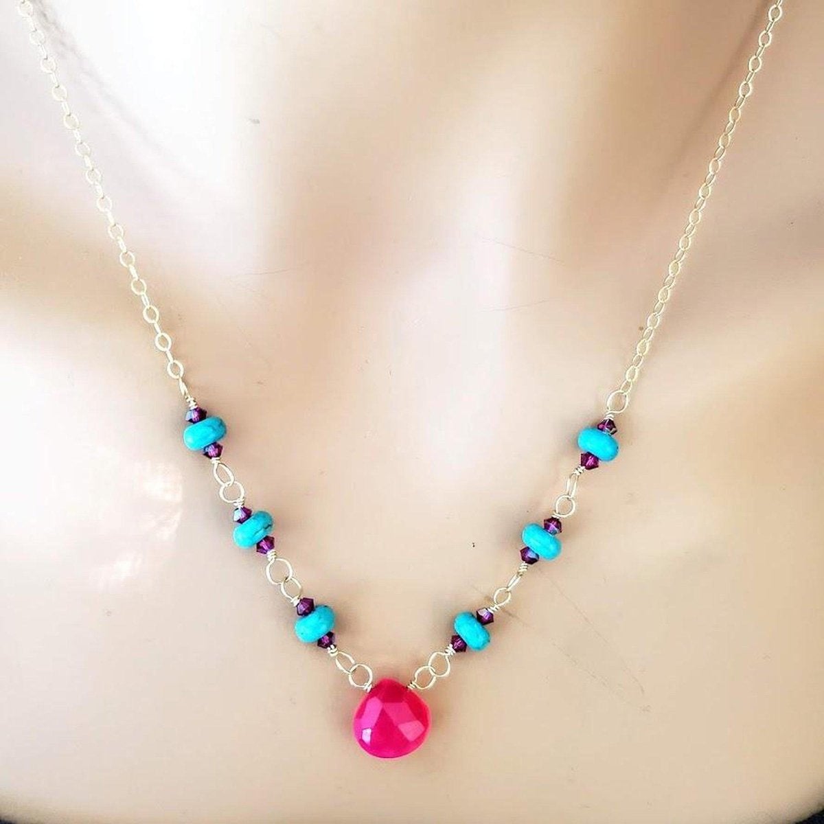 Gold Filled Pink Chalcedony Turquoise Gemstone Drop Necklace