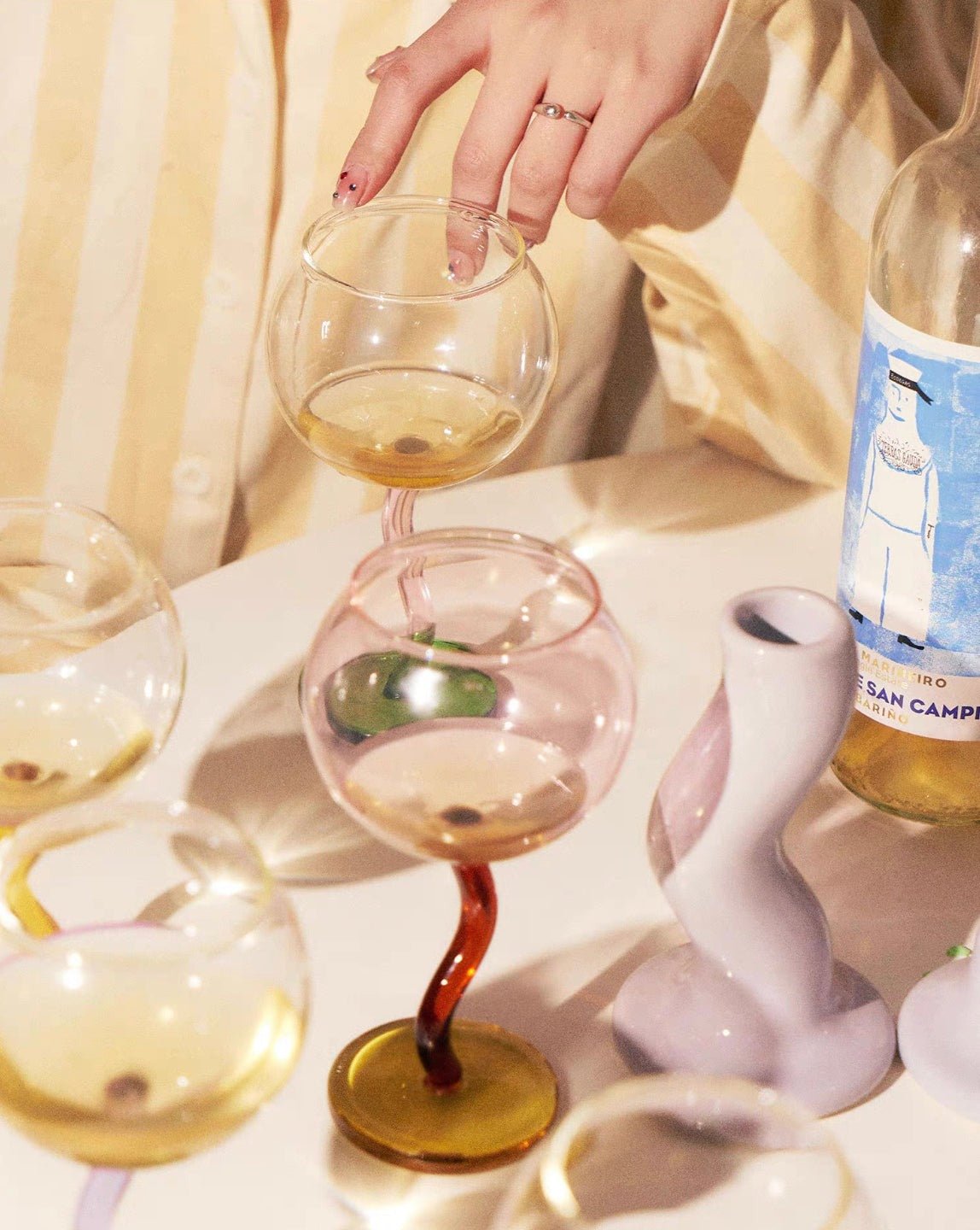 Handblown Bubble Wine Glass - Retro Whimsical Eclectic Wavy Stemmed