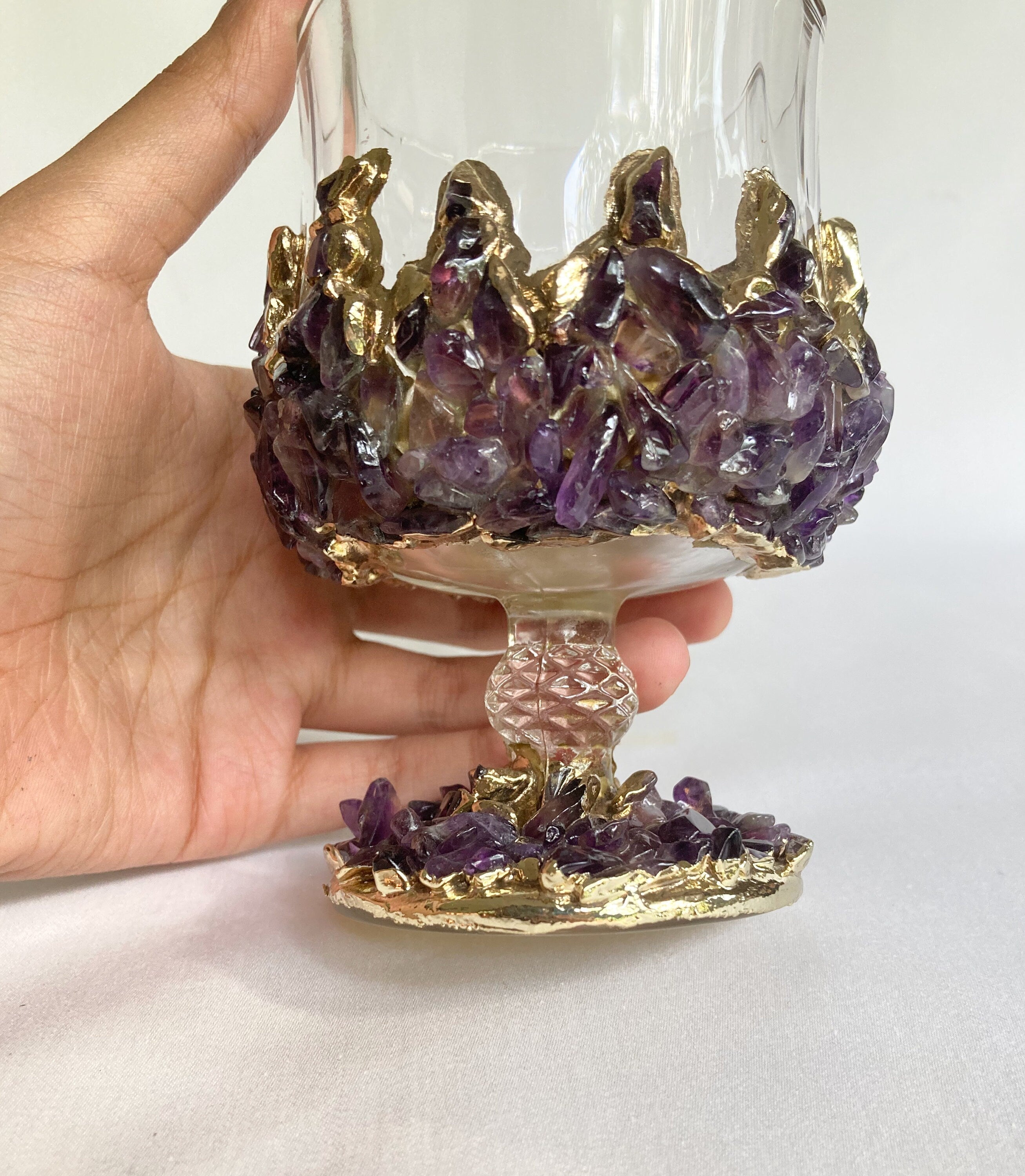 Set of 2 |Crystal Wine Glasses with Gold Plated Purple Amethyst